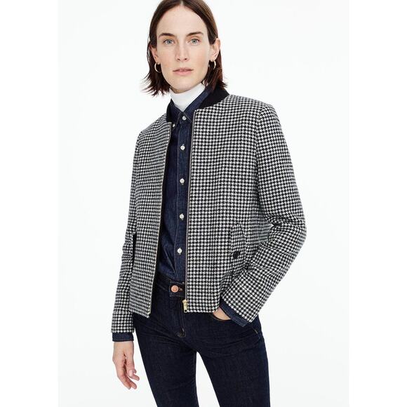 J.Crew Size XXS 100% Wool Classic Houndstooth Bomber Blazer Jacket Black White - Picture 2 of 8